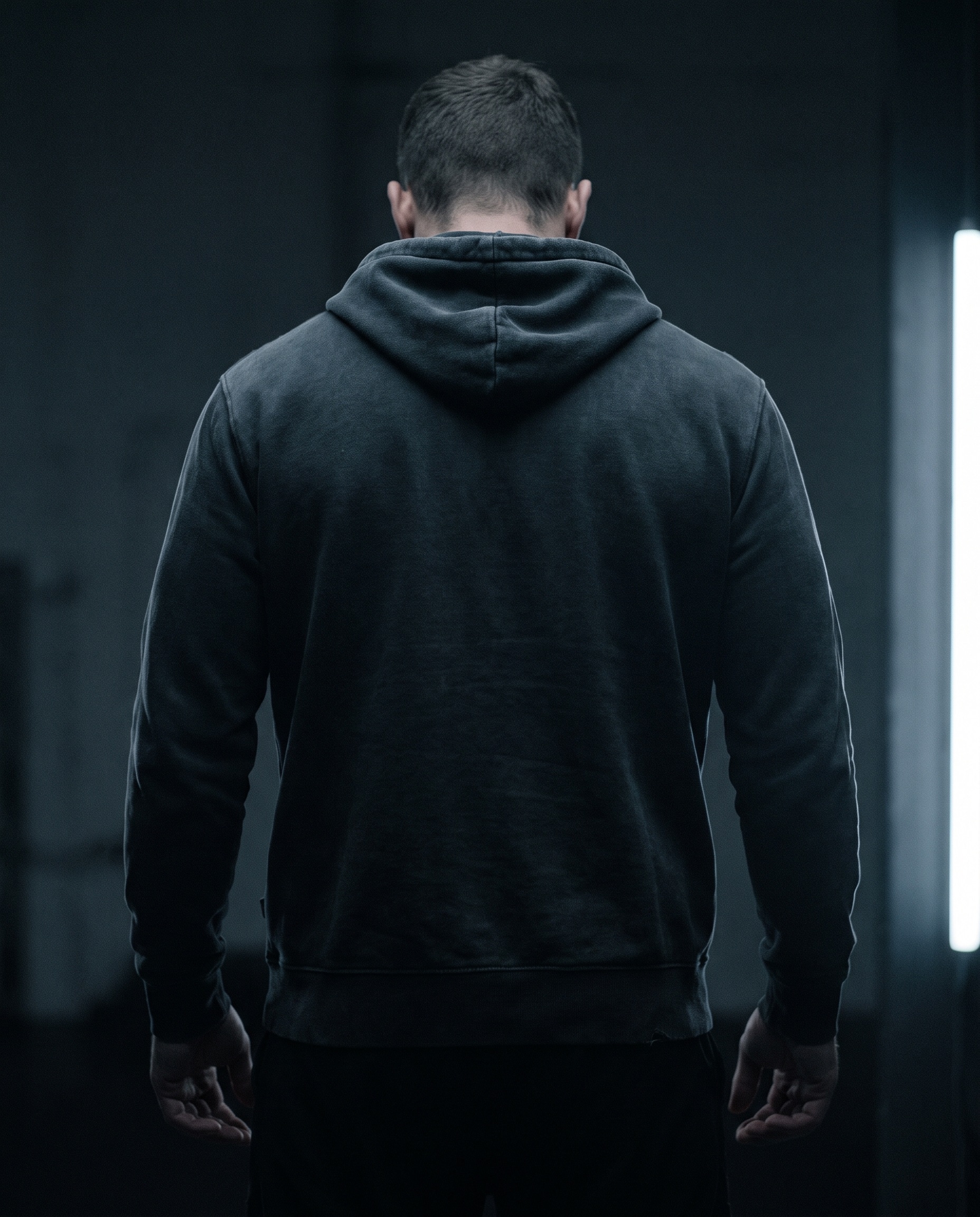 Athlete standing in a dark room, lit by a single slab of cold light
